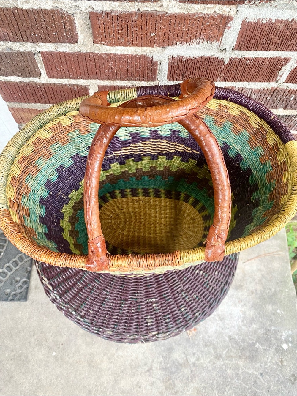 Handmade African Woven Straw Basket with Leather Handles - Blue, Green, Brown - Picture 3 of 5